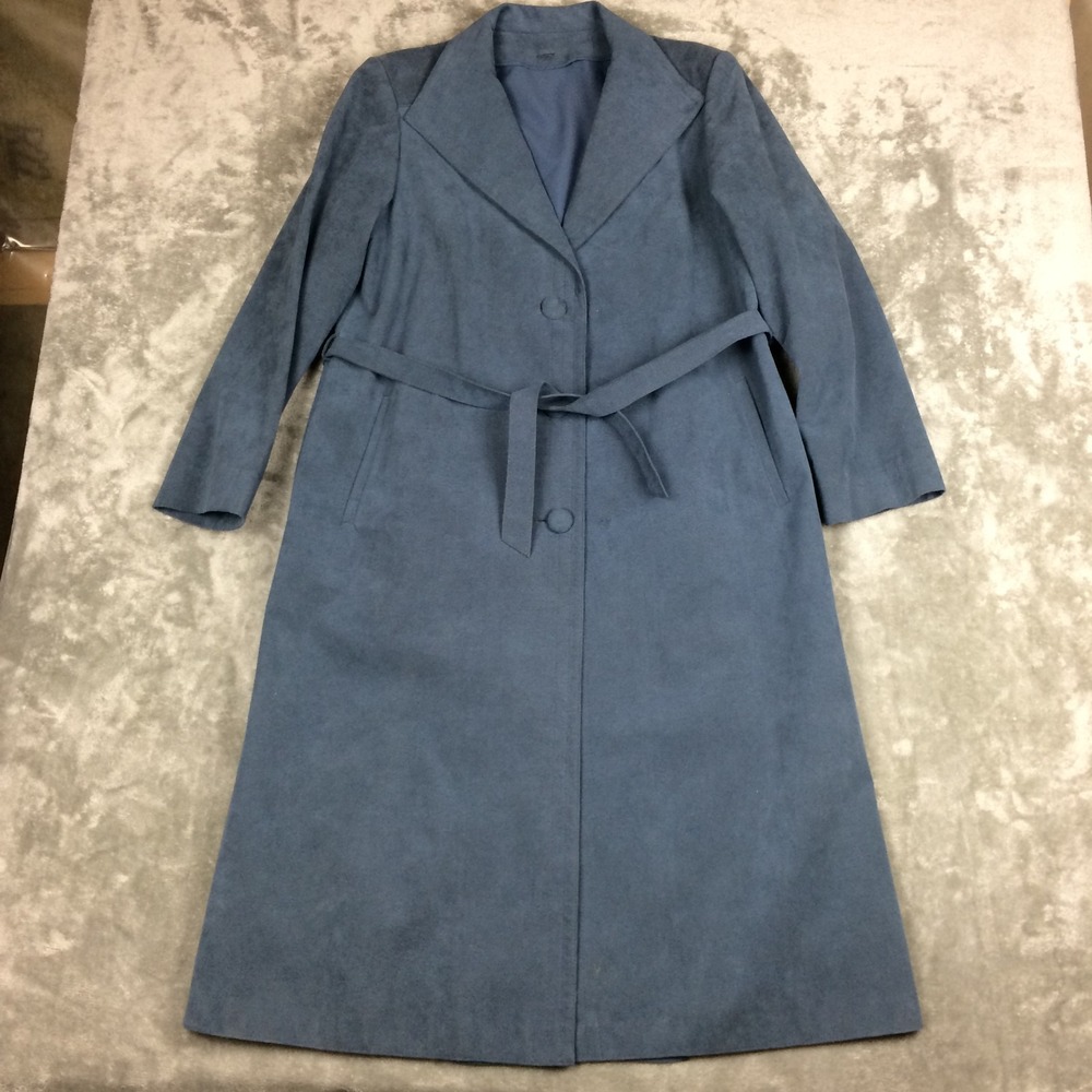 Vtg UltraSuede Coat Womens 12 Blue Long Buttons Faux Suede Belted Classic Marlo